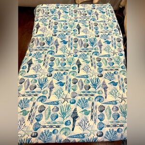 Nautical Themed Tablecloth with Sea Life Print in  Blues & White Approx. 68”x53”